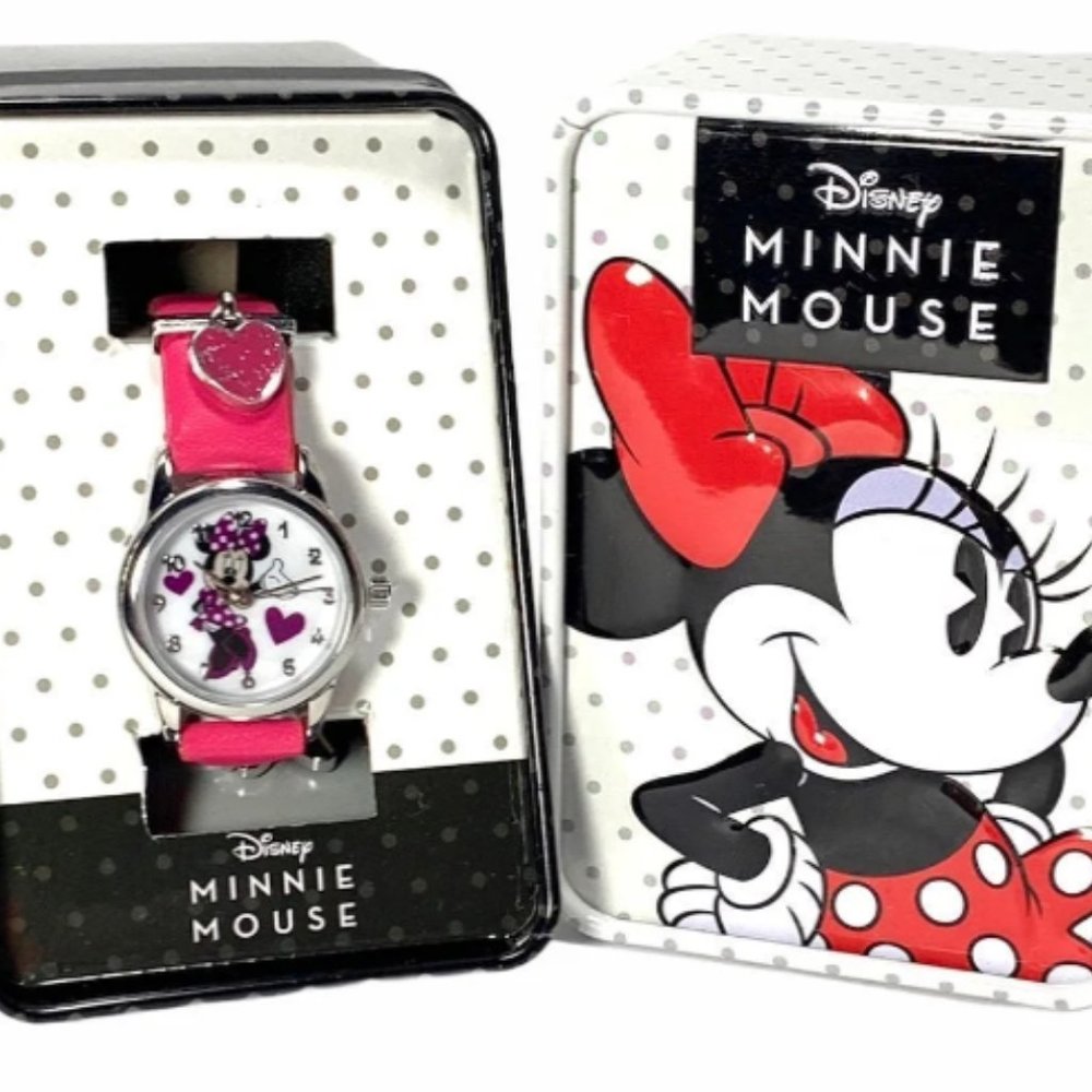 A21-NIB Minnie Mouse Silver with Pink Leather Band 3 Hand Watch - Picture 1 of 8